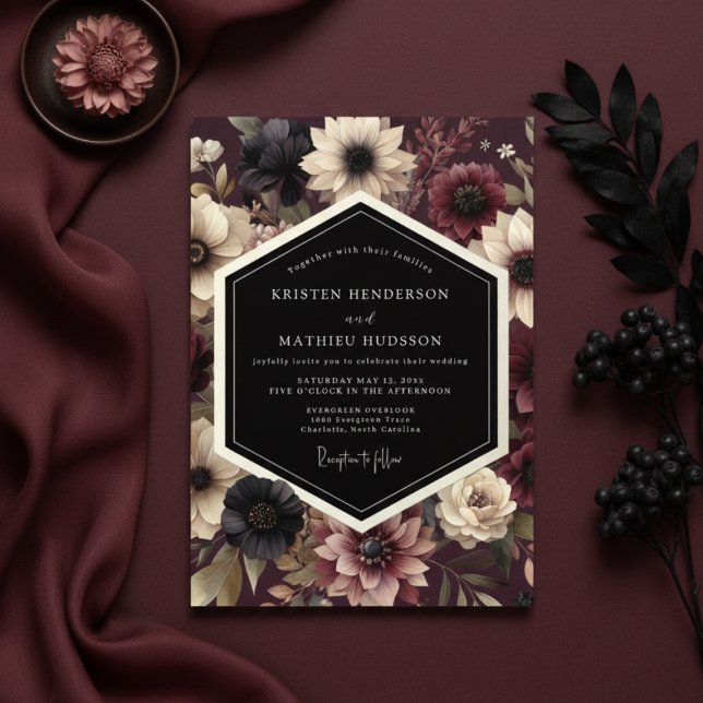 Convite Casamento Noturno Floral Borgonha (Criador carregado)