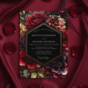 Convite Casamento Noturno Floral Opulento Borgonha