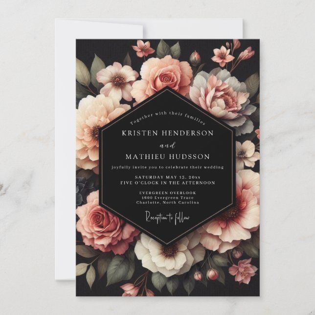 Convite Casamento Noturno Floral Rosado (Frente)