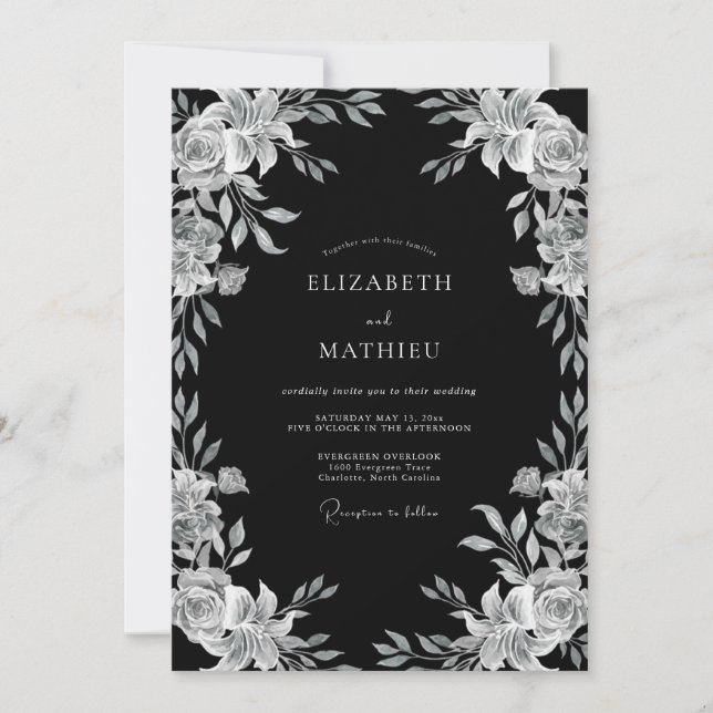 Convite Casamento Noturno Preto Ornamentado (Frente)
