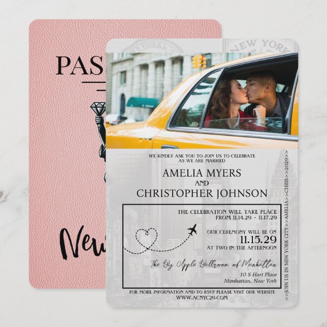 Convite Casamento Nova Iorque de Passaporte Rosa (Frente/Verso)