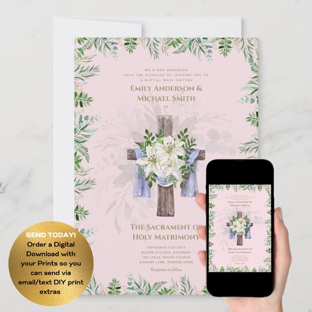 Convite Casamento Nupcial Nupcial Católico Cruzado Rosa Es (Criador carregado)