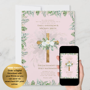 Convite Casamento Nupcial Nupcial Católico Cruzado Rosa Es