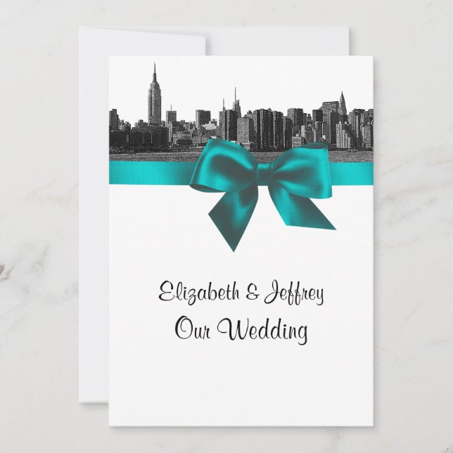 Convite Casamento NYC Wide Skyline Etched BW Teal (Frente)