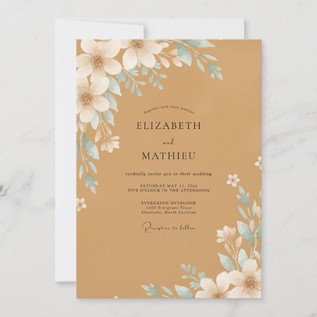 Convite Casamento Ochre Aqua Blossom (Frente)