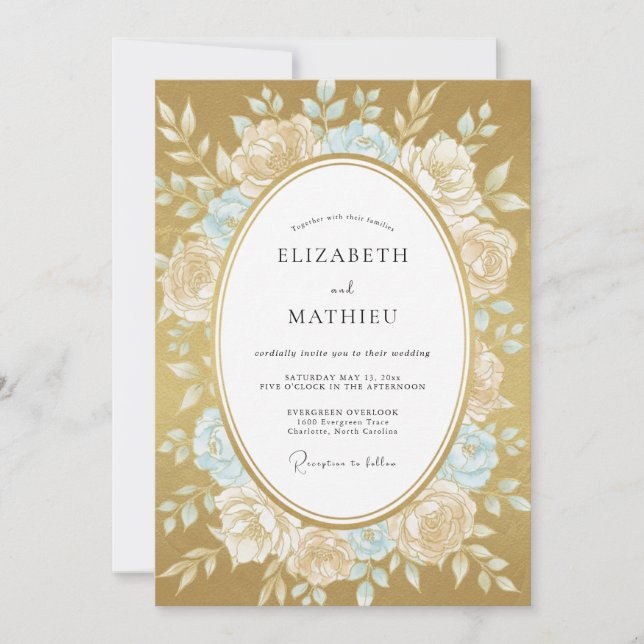 Convite Casamento Ochre Aqua Peony (Frente)