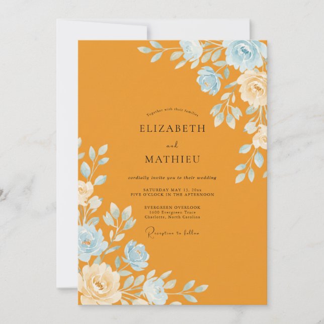 Convite Casamento Ochre Azure Ranunculus Eucalyptus (Frente)