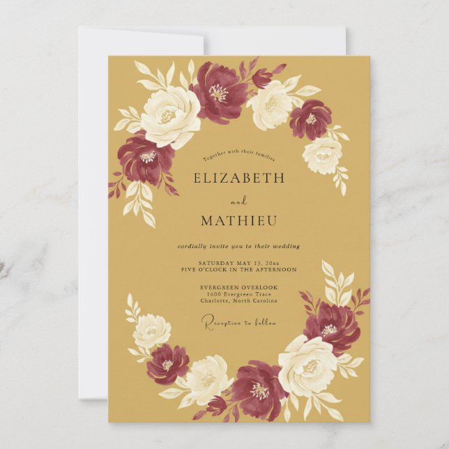 Convite Casamento Ochre Borgonha Ranunculus Eucalipto (Frente)