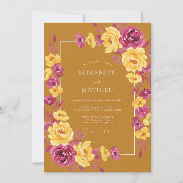Convite Casamento Ochre Magenta Bloom (Frente)