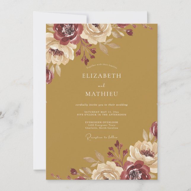 Convite Casamento Ochre Maroon Ranunculus Eucalyptus (Frente)