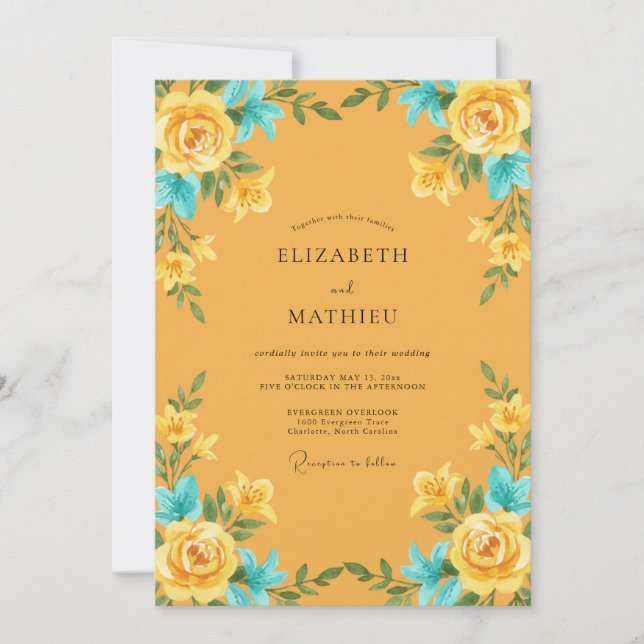 Convite Casamento Ochre Turquesa Ranunculus Eucalipto (Frente)