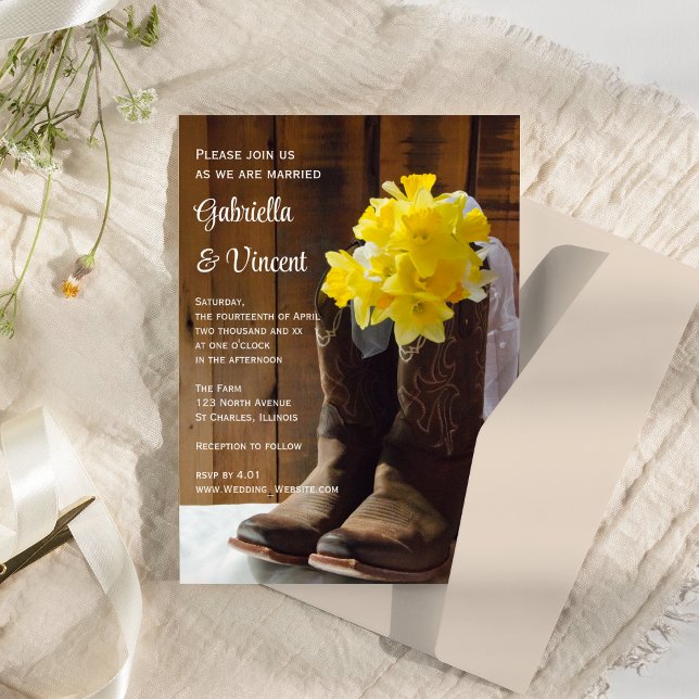 Convite Casamento Ocidental de Daffodils Amarelos e Boots  (Criador carregado)