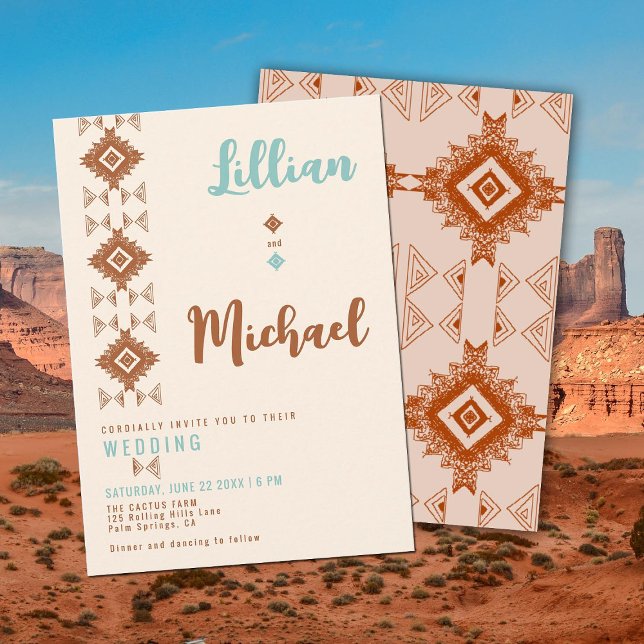 Convite Casamento Ocidental do Deserto do Sudoeste do Sonh (southwestern desert cowboy western wedding invitation terracotta teal elegant rustic tribal pattern)