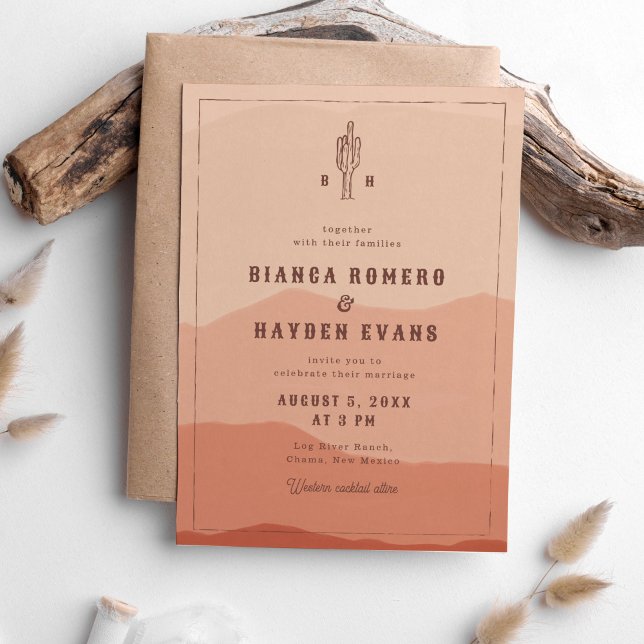 Convite Casamento Ocidental do Deserto Ocidental Cactus Bo (burnt orange desert landscape wedding invitation with cactus illustration)