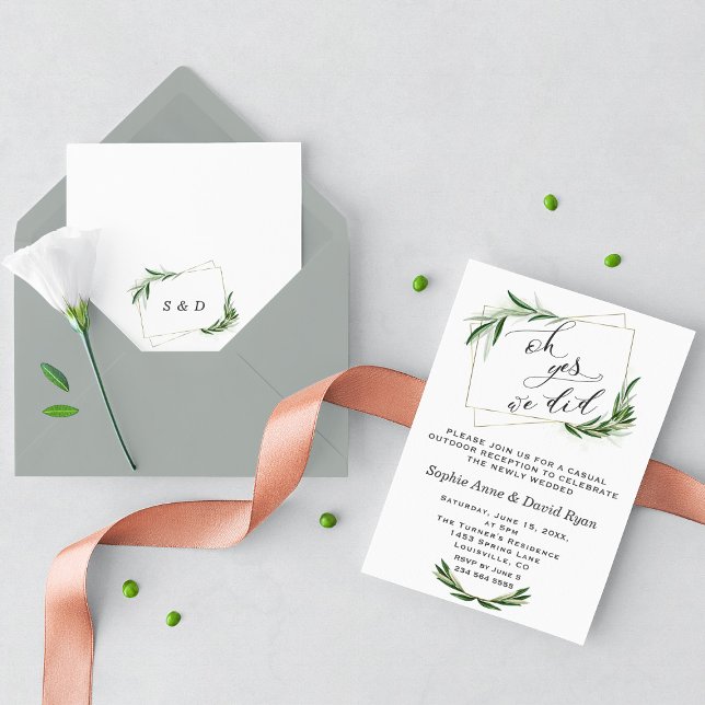 Convite Casamento Oliva Dourado Elegante Oh Sim Fizemos (Oh yes, we did invitation, after wedding party greenery wedding invitation)