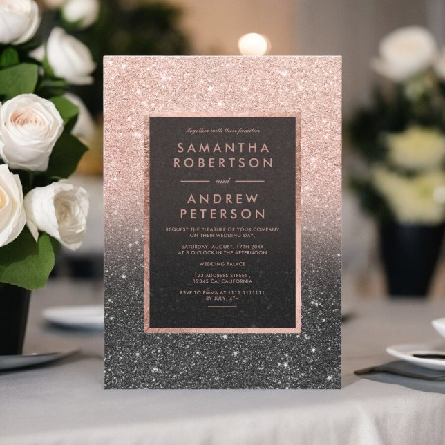 Convite casamento ombre com o quadro preto rosa dourado (Rose gold black glitter frame ombre wedding invitation)