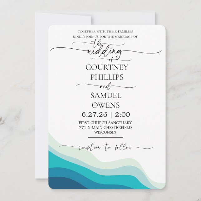 Convite Casamento Ondas do Oceano Elegante (Frente)
