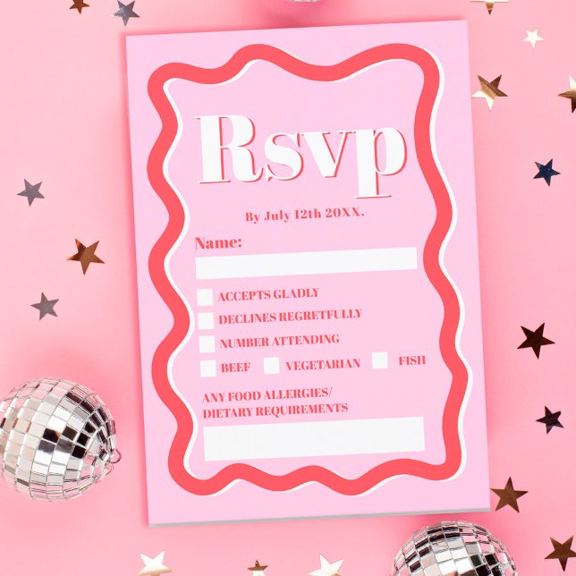 Convite Casamento ondulado com curva vermelha-rosa retrógr (Criador carregado)