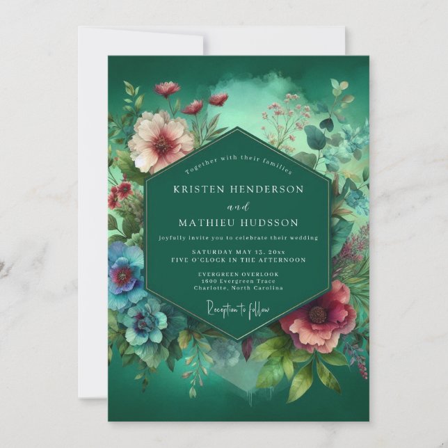 Convite Casamento Opulência Floral Esmeralda Profunda (Frente)