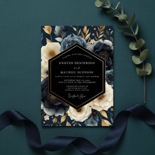 Convite Casamento Opulento Botânico Marinho