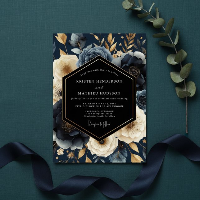 Convite Casamento Opulento Botânico Marinho (Criador carregado)
