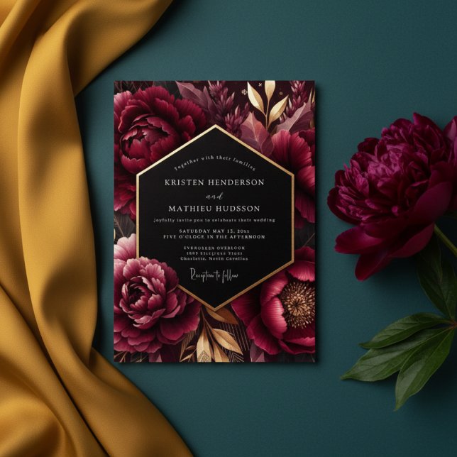 Convite Casamento Opulento Burgundy Bloom (Criador carregado)