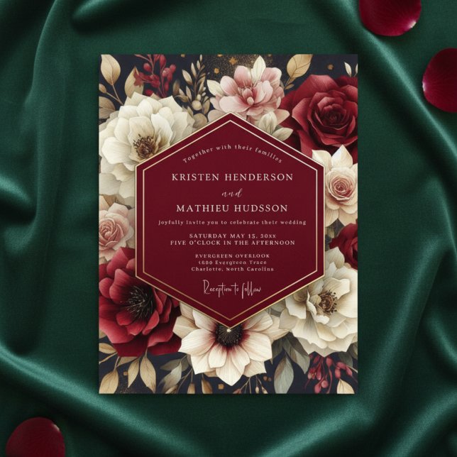 Convite Casamento Opulento com Floral Borgonha (Criador carregado)