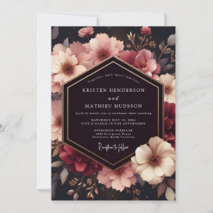 Convite Casamento Opulento com Floral em Borgonha Profundo