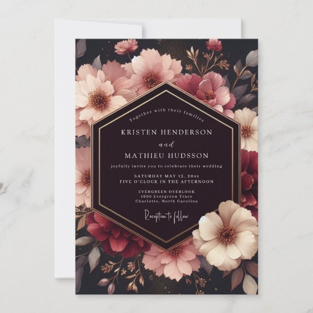 Convite Casamento Opulento com Floral em Borgonha Profundo (Frente)