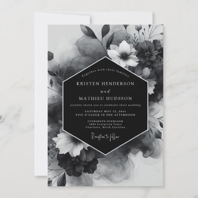 Convite Casamento Opulento com Floral Preto (Frente)