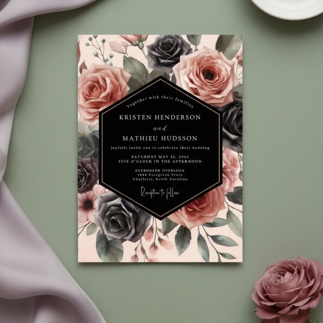 Convite Casamento Opulento com Floral Rosa Empoeirado (Criador carregado)