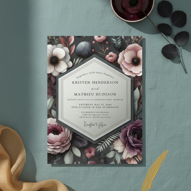 Convite Casamento Opulento com Floral Rosa Violeta (Criador carregado)