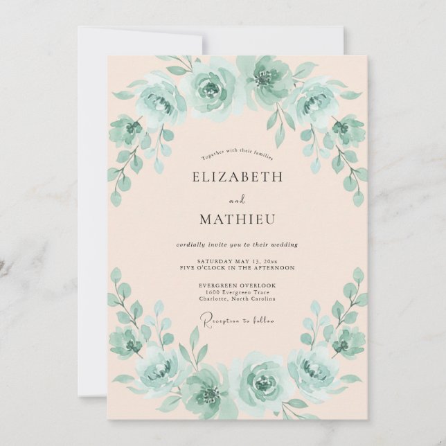 Convite Casamento Opulento de Verde Menta na Primavera (Frente)