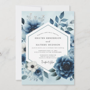 Convite Casamento Opulento em Azul Floral Empoeirado