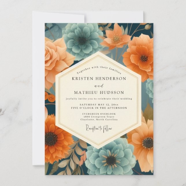 Convite Casamento Opulento em Paprika e Azul Marinho (Frente)