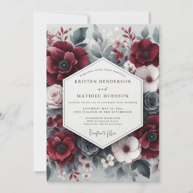 Convite Casamento Opulento Flor de Borgonha (Frente)