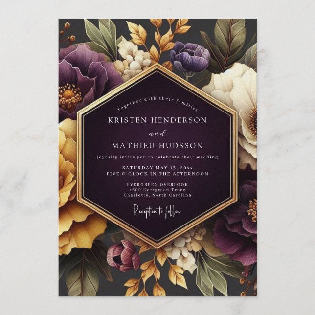 Convite Casamento Opulento Flora Plum Gold (Frente)