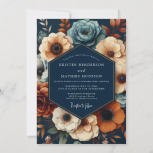 Convite Casamento Opulento Floral Azul-Marinho Profundo