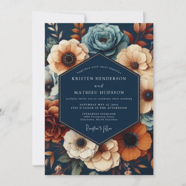 Convite Casamento Opulento Floral Azul-Marinho Profundo (Frente)