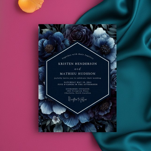 Convite Casamento Opulento Floral Azul Profundo (Criador carregado)