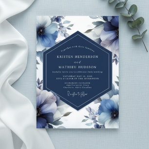 Convite Casamento Opulento Floral Azul Profundo