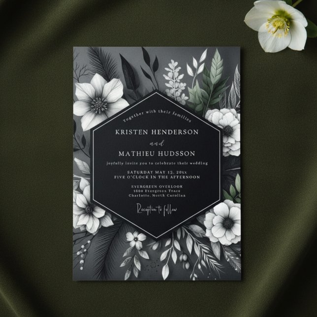 Convite Casamento Opulento Floral Carvão (Criador carregado)
