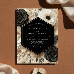 Convite Casamento Opulento Floral Creme Preto