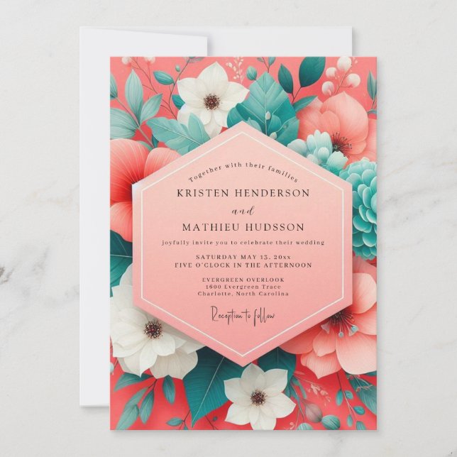 Convite Casamento Opulento Floral de Coral (Frente)