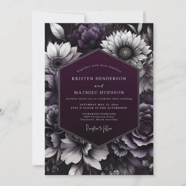 Convite Casamento Opulento Floral Escuro Ameixa (Frente)