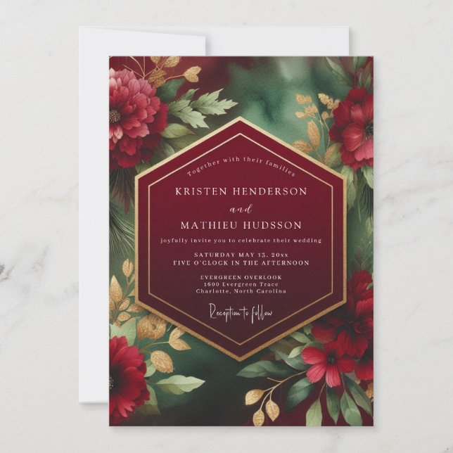 Convite Casamento Opulento Floral Escuro Borgonha (Frente)
