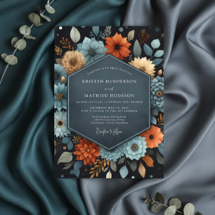 Convite Casamento Opulento Floral Outonal Verde Azul