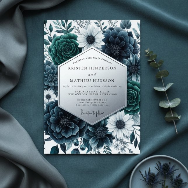 Convite Casamento Opulento Floral Turquesa (Criador carregado)