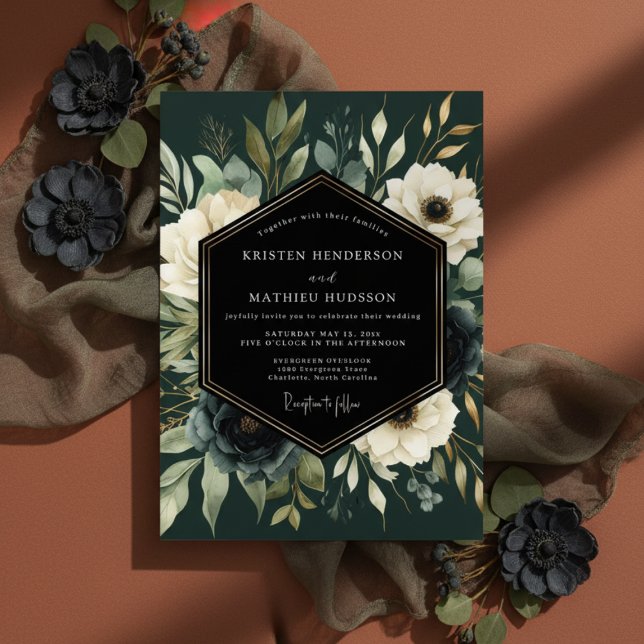 Convite Casamento Opulento Floral Verde Escuro (Criador carregado)