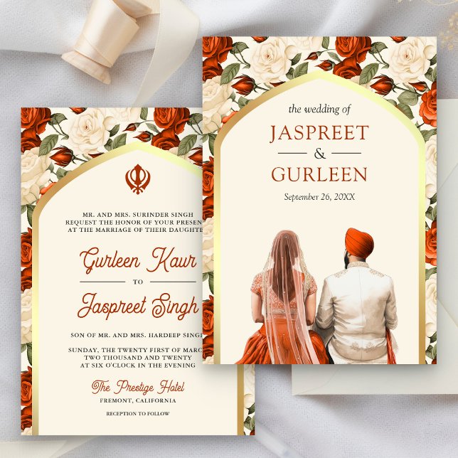 Convite Casamento Orange Floral Punjabi Anand Karaj Sikh (Criador carregado)